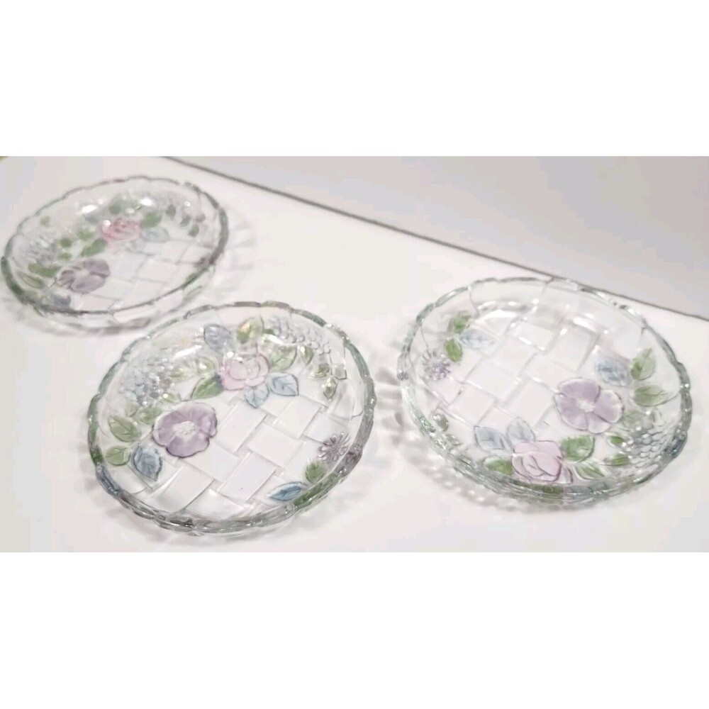 3 Vintage Floral  Basket  Weave Design Pattern Pressed Glass Trinket Dish